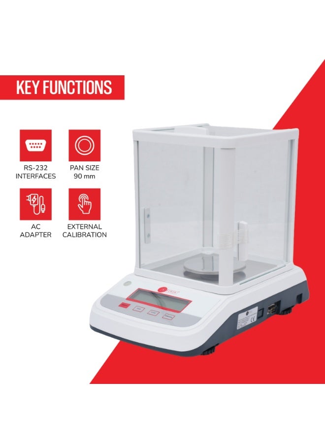 عفرا ميزان تحليلي AFQS-320001EM - ميزان مختبري رقمي عالي الدقة بسعة 300 جرام، بدقة 0.001 جرام مع زجاج أمامي مضاد للكهرباء الساكنة، ومستشعر كهرومغناطيسي، ومعايرة خارجية وبطارية قابلة لإعادة الشحن - Image 3