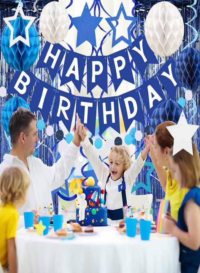 زيروديكو زينة عيد ميلاد من زيروديكو، لافتة عيد ميلاد سعيد مع قرص عسل ورقي، دوامة نجمة معلقة، ستارة شراشيب، إكليل، زينة حفلات عيد ميلاد للنساء والرجال والأولاد والبنات (أزرق داكن) - Image 4