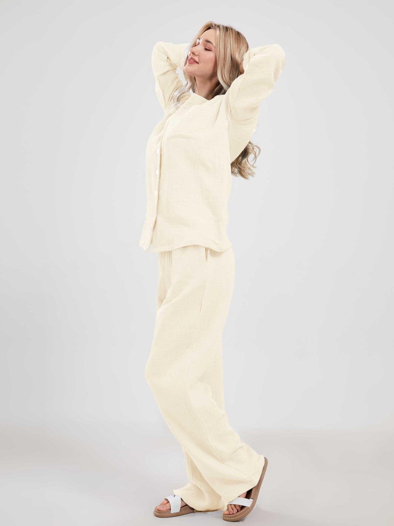 codcm Womens Pajama Sets Cotton Pj Set Cute Heart Print Long Sleeve Button Shirt With Pants(Apricot Solid,XX-Large) - Image 5