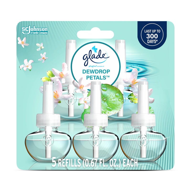 Glade PlugIns Refills Air Freshener, Dewdrop Petals, Scented and Essential Oils for Home and Bathroom, 0.67 Fl Oz, 5 Count - Image 1