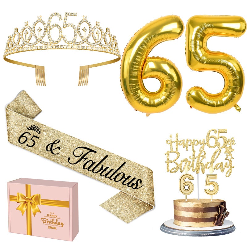 YeohJoy 65th Birthday Decorations for Women with Tiara and Sash, Candles and Cake Topper, Number Balloons, 65th Birthday Gifts for Women - Image 1