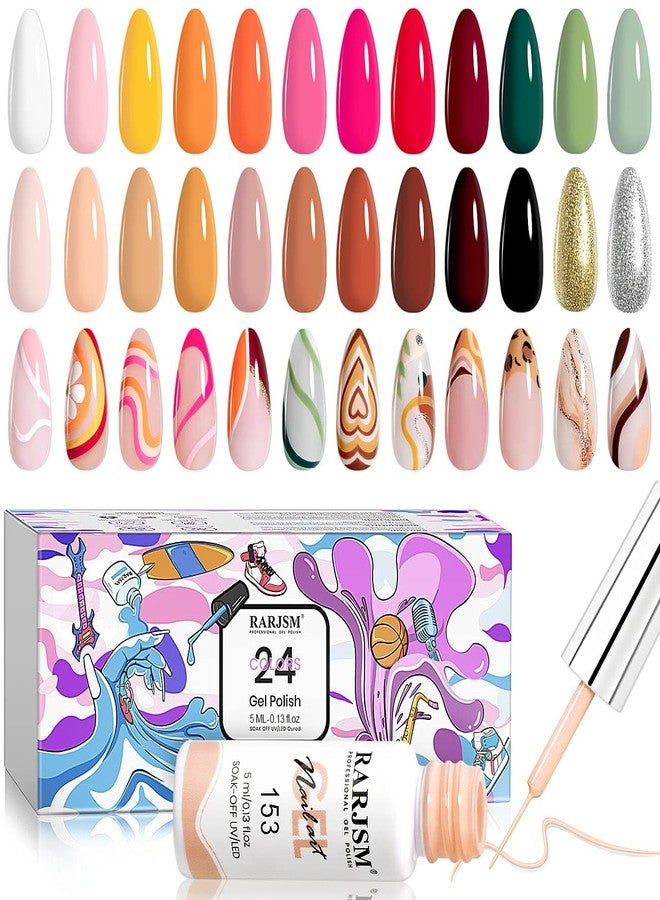 RARJSM Gel Liner Nail Art 24 Pieces 5ml Gel Art Liners for Nails Pink Red Green Yellow Silver Gold Glitter Summer Fall Nude Colors Painting Striping Gelpolish Thin Brush UV Soak off Curing Needed - Image 1