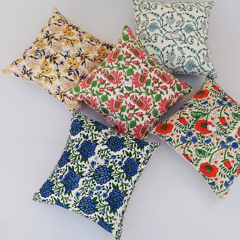 Indacorify Traditional Jaipur Set Of 5 Block Print Fabric Indian Cushions Pillow Covers Decorative Throw Pillowcases Handcrafted Outdoor Cushion Cover Boho Pillow Shams 18 X 18 Inches
