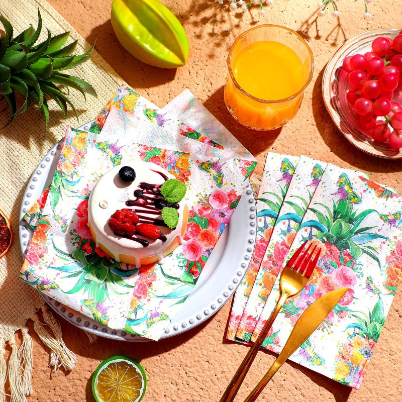 Epakh 200 Pcs Bulk Hawaiian Tropical Napkins Paper Guest Towels 2 Ply Disposable Pineapple Flower Napkins Dinner Decorative Hand Towels for Bathroom Wedding Summer Beach Holiday Party  7.9 x 4.3"" - Image 2