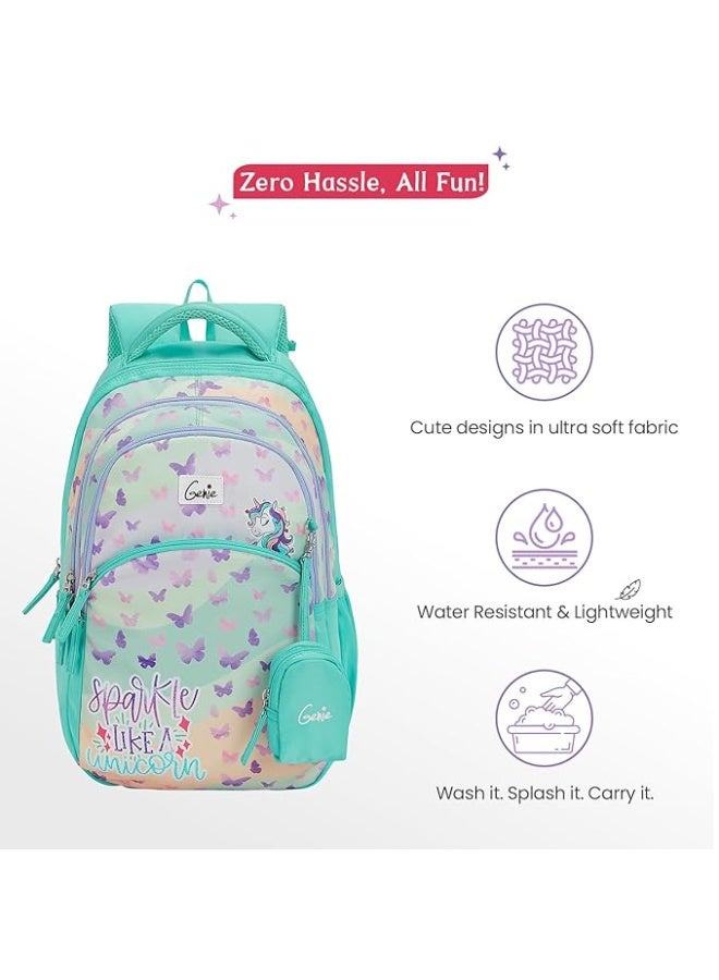 Genie Pixie School Backpack for Girls |17 In-27 Ltr with Three Compartments, Side Pockets and Light Weight with Padded Shoulders |Best for Books,Stationery, Lunch Box & Essentials - Teal - Image 4