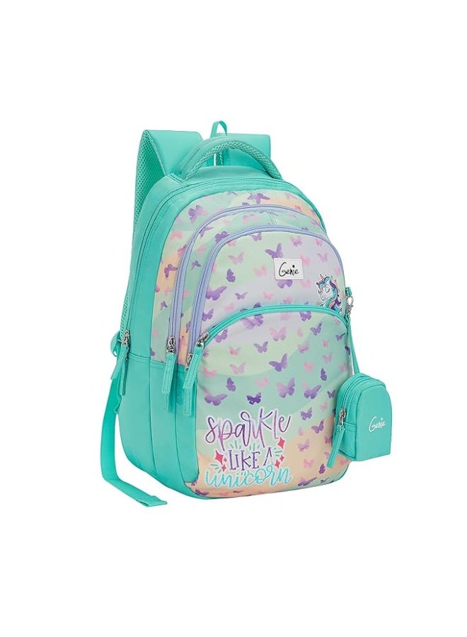 Genie Pixie School Backpack for Girls |17 In-27 Ltr with Three Compartments, Side Pockets and Light Weight with Padded Shoulders |Best for Books,Stationery, Lunch Box & Essentials - Teal - Image 1