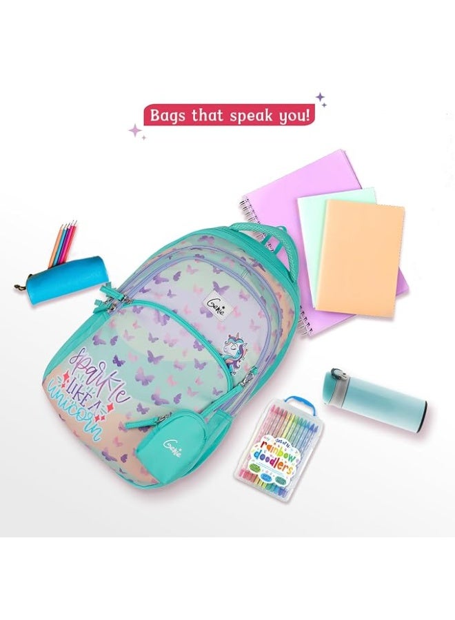 Genie Pixie School Backpack for Girls |17 In-27 Ltr with Three Compartments, Side Pockets and Light Weight with Padded Shoulders |Best for Books,Stationery, Lunch Box & Essentials - Teal - Image 2