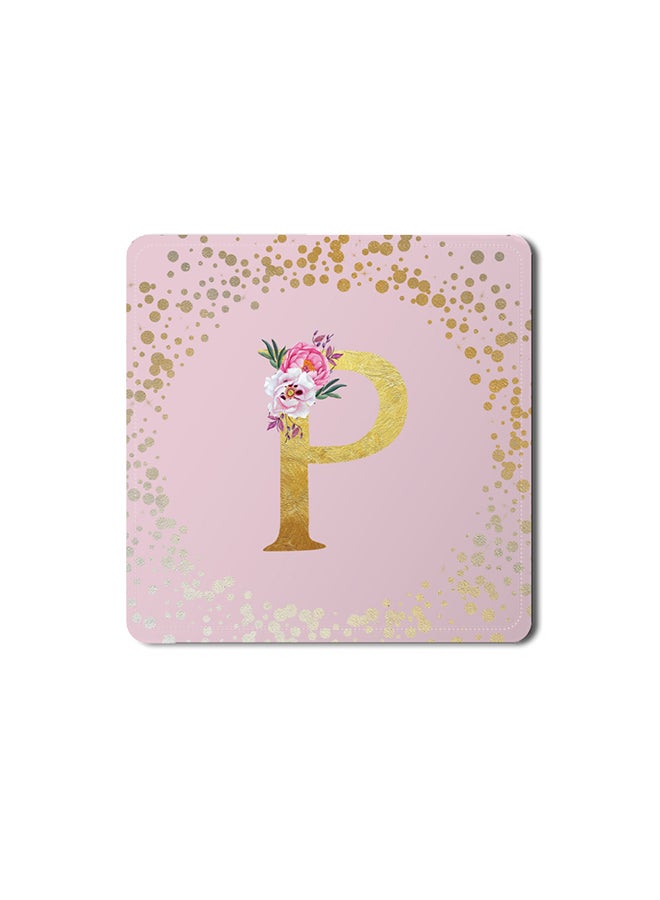 Stylizedd 2 Pack Designer Leather Coasters Mat for Beverage Drinks- Custom Monogram Initial Letter Floral Pattern Alphabet - P (Pink) - Image 1