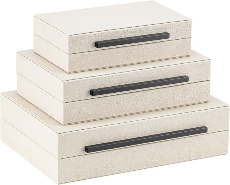 XIGEXIGE Set of 3 Beige Shagreen Decorative Storage Boxes with Black Metal Handles –Faux Leather Large Modern Stackable Nesting Jewelry Box with Lids Organizer - Image 1