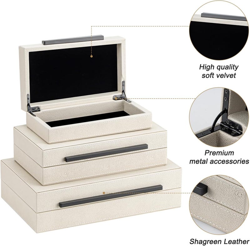 XIGEXIGE Set of 3 Beige Shagreen Decorative Storage Boxes with Black Metal Handles –Faux Leather Large Modern Stackable Nesting Jewelry Box with Lids Organizer - Image 4