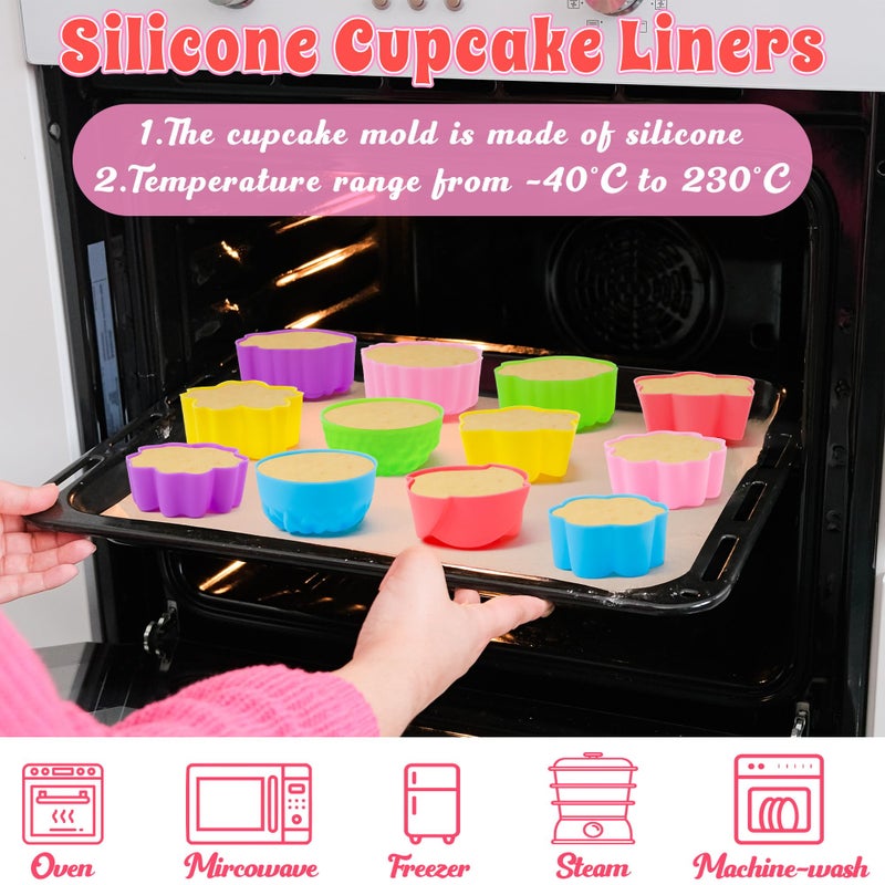 R HORSE Mini Silicone Cupcake Molds - 60Pcs 2 Inch Muti-color Flower Shaped Baking Cups, Reusable Non-Stick Cupcake Wrappers Muffin Baking Cups for Dessert Pudding Donut Oven Microwave Dishwasher Safe - Image 3