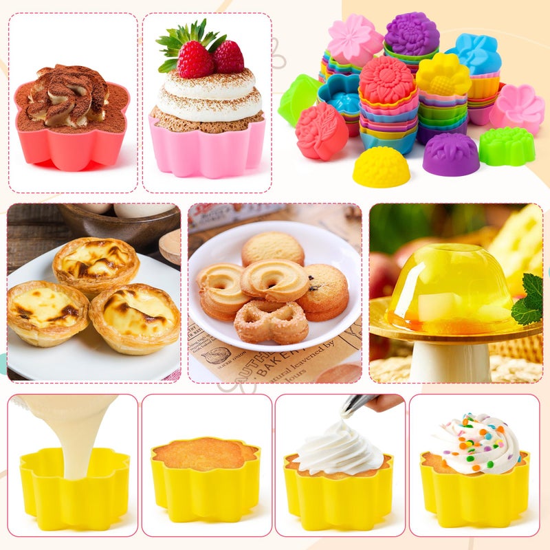 R HORSE Mini Silicone Cupcake Molds - 60Pcs 2 Inch Muti-color Flower Shaped Baking Cups, Reusable Non-Stick Cupcake Wrappers Muffin Baking Cups for Dessert Pudding Donut Oven Microwave Dishwasher Safe - Image 4