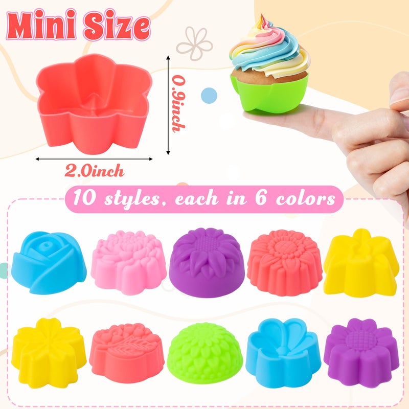 R HORSE Mini Silicone Cupcake Molds - 60Pcs 2 Inch Muti-color Flower Shaped Baking Cups, Reusable Non-Stick Cupcake Wrappers Muffin Baking Cups for Dessert Pudding Donut Oven Microwave Dishwasher Safe - Image 2
