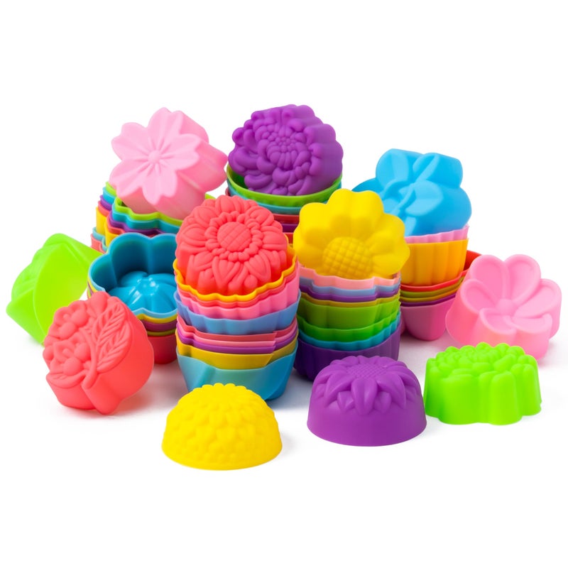 R HORSE Mini Silicone Cupcake Molds - 60Pcs 2 Inch Muti-color Flower Shaped Baking Cups, Reusable Non-Stick Cupcake Wrappers Muffin Baking Cups for Dessert Pudding Donut Oven Microwave Dishwasher Safe - Image 1