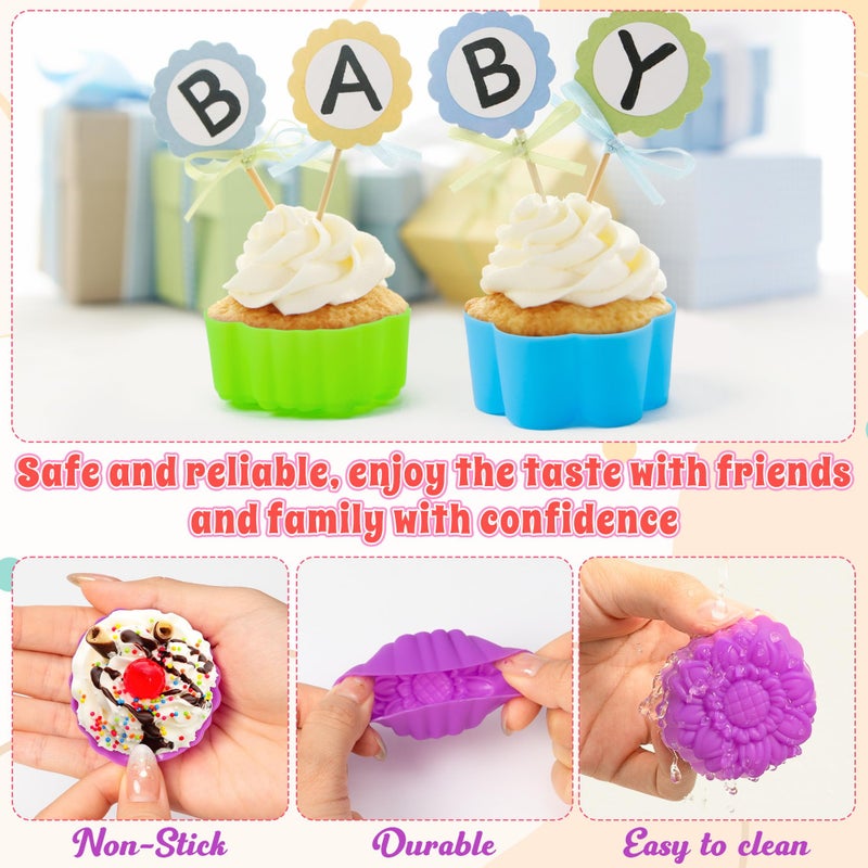 R HORSE Mini Silicone Cupcake Molds - 60Pcs 2 Inch Muti-color Flower Shaped Baking Cups, Reusable Non-Stick Cupcake Wrappers Muffin Baking Cups for Dessert Pudding Donut Oven Microwave Dishwasher Safe - Image 5