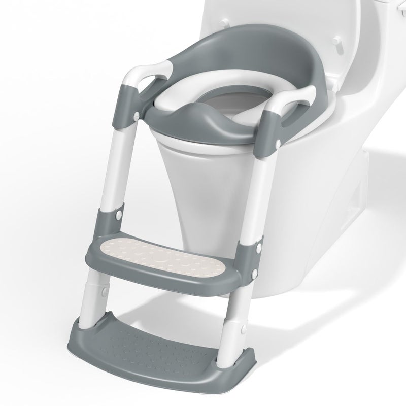 COOSEYA Potty Training Toilet with Step Stool Ladder Toddler Kids Potty Training Seat for Boys Girls Foldable NonSlip Toilet Toddler Seat Splash Guard Soft Cushion Safety Handles Grey - Image 2