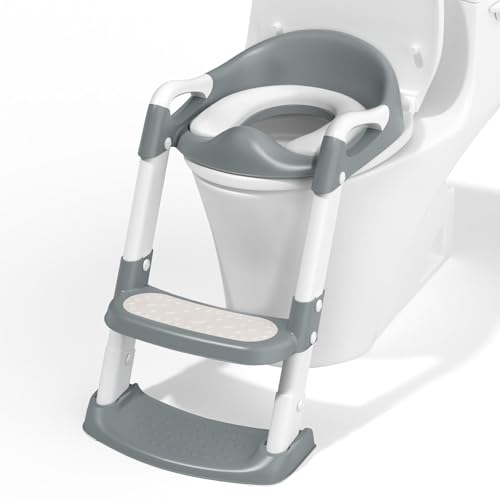 COOSEYA Potty Training Toilet with Step Stool Ladder Toddler Kids Potty Training Seat for Boys Girls Foldable NonSlip Toilet Toddler Seat Splash Guard Soft Cushion Safety Handles Grey - Image 1