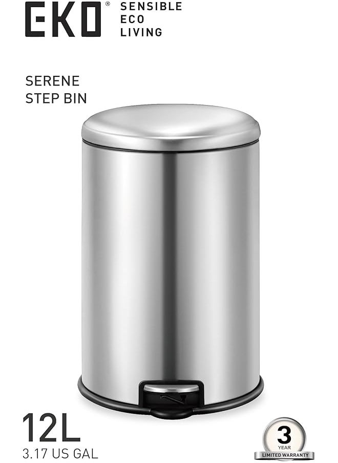12L Pedal Bin Serene Silver Compact Step Round Bin With Soft Close Lid Fingerprint Resistant Finish Removable Inner Liner Bag Stabilizer