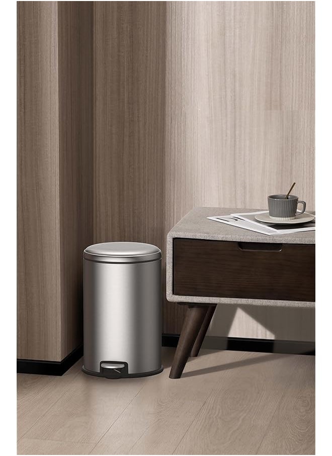 12L Pedal Bin Serene Silver Compact Step Round Bin With Soft Close Lid Fingerprint Resistant Finish Removable Inner Liner Bag Stabilizer
