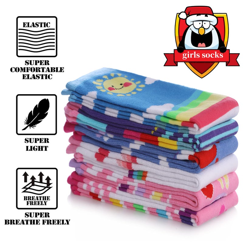 FNOVCO Girls Knee High Socks Kids Crazy Fun Gift Cute Animal Patterns Cotton Long Socks 6 Pairs (6 Pairs Colour Stripe) - Image 3