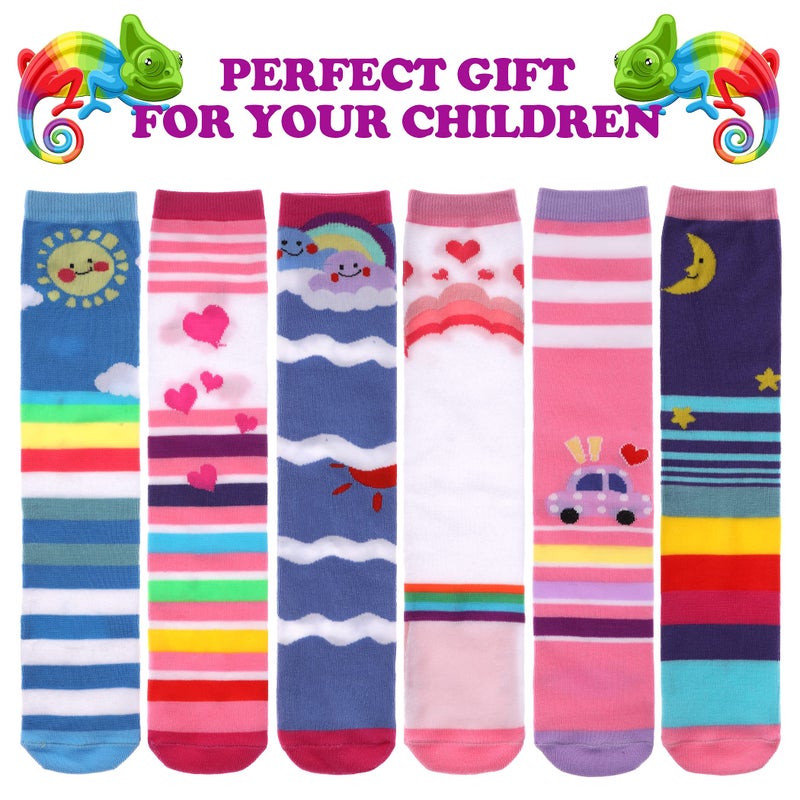 FNOVCO Girls Knee High Socks Kids Crazy Fun Gift Cute Animal Patterns Cotton Long Socks 6 Pairs (6 Pairs Colour Stripe) - Image 2