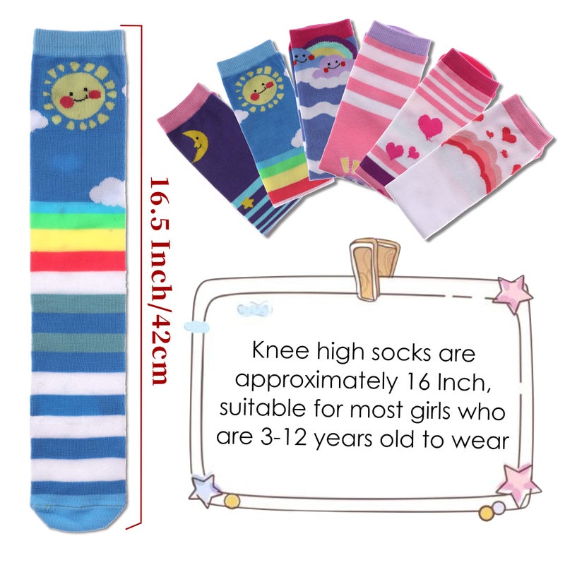 FNOVCO Girls Knee High Socks Kids Crazy Fun Gift Cute Animal Patterns Cotton Long Socks 6 Pairs (6 Pairs Colour Stripe) - Image 4