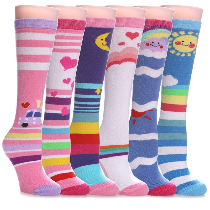 FNOVCO Girls Knee High Socks Kids Crazy Fun Gift Cute Animal Patterns Cotton Long Socks 6 Pairs (6 Pairs Colour Stripe) - Image 1