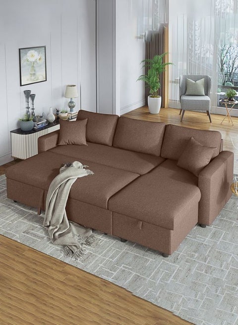 Hunter 3 Seater Diwan Sofa Bed With Cushions L-Shaped Storage Space | Convertible Living Room Furniture ‎Brown 210X160X75 Cm