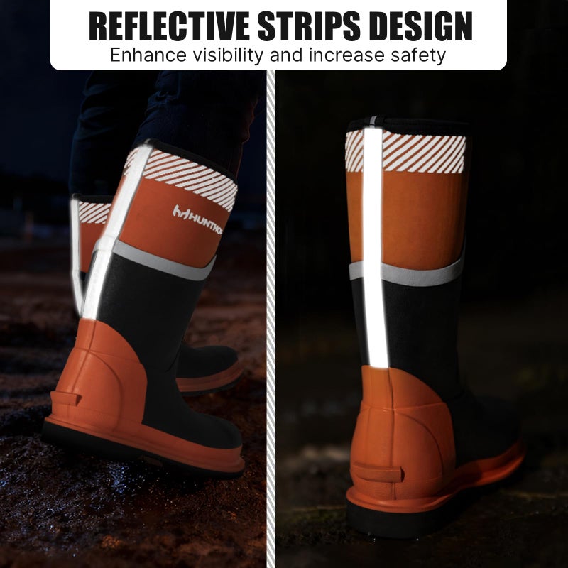 Hunthor Steel Toe Rubber Boots for Men, Safety Reflective Strips, Punctrue-Proof with Steel Shank, Waterproof, Insulated 6mm Neoprene Work Boots for Farming, Manufacturing, Construction (Black/Orange, Size 6) - Image 4