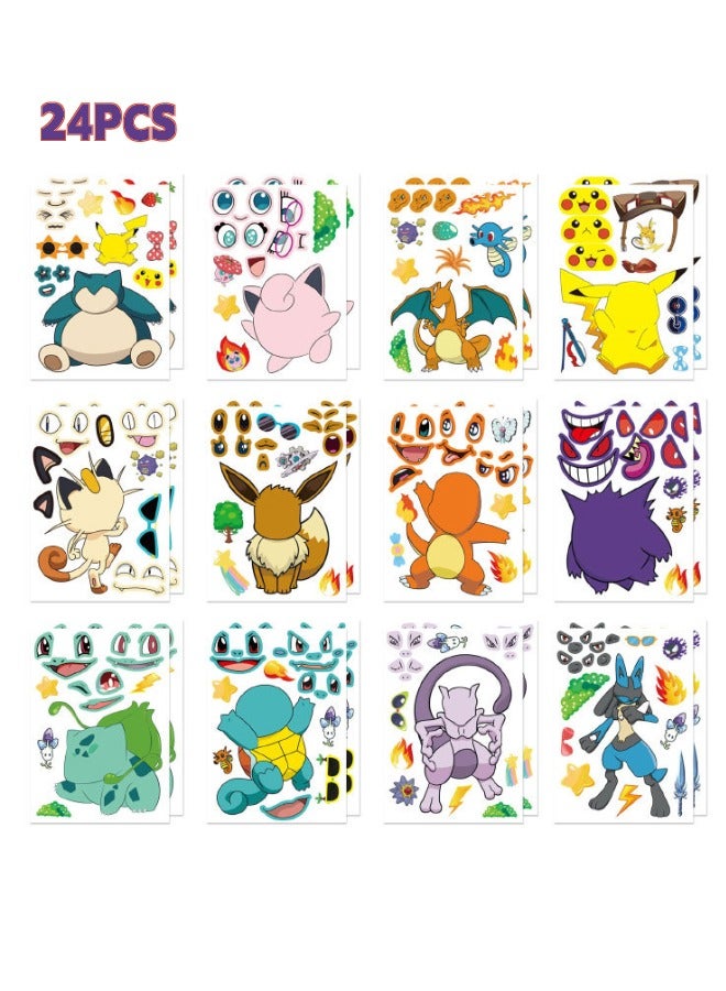 24-Piece Make a Face Stickers, Pokemon Theme Stickers Book Crafts for Kids, DIY Party Supplies Favors Make Your Own Stickers, for Birthday Gifts Reward（12 Styles, 24Pcs） - Image 1
