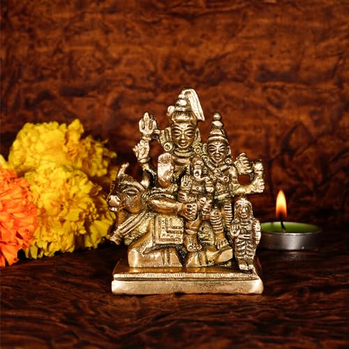 Ekhasa 100% Pure Brass Shiv Parivar Murti (8.5 cm) | Shiv Parvati Murti for Car Dashboard, Pooja Room, Home Decor & Office Desk | Shiva Parvati Idol | Mahadev Bholenath Pariwar Statue - Image 1