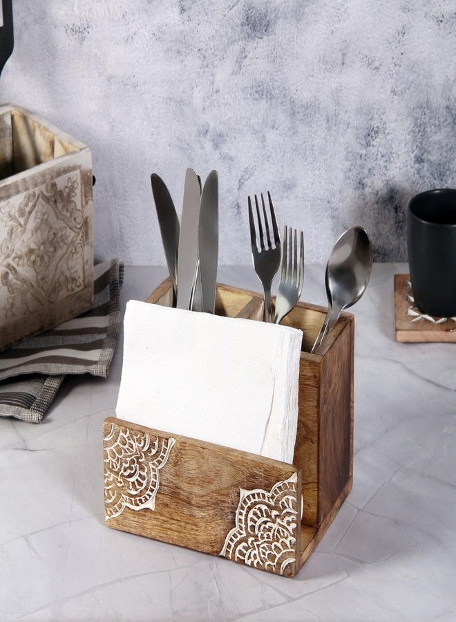 TrendBell Silverware Holder Caddy, 2 Compartments Wooden Utensil Holder Flatware with Napkin Holder, Wooden Cutlery Holder Organizer Containers for Party, Kitchen Countertop, Forks, Spoons, Knives, Napkins - Image 2