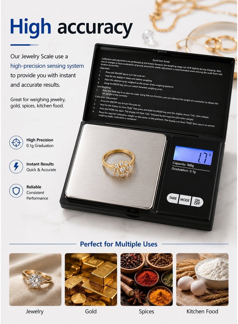 LCD Digital Scale Portable Mini Jewelry Gold Weight Scale Micro Gram Scale 0.1g-500g Electronic Weighing Coffee Scale Pocket Scale,Black - Image 2