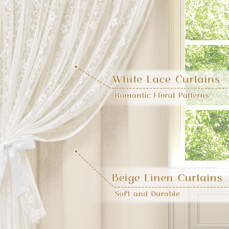 ASPMIZ Linen Curtains for Bedroom, Double Layered Boho Curtain for Living Room Farmhouse Curtain 84 Inch Length 2 Panels Set, Rustic Curtains & Drapes Rod Pocket with Tiebacks, 52 x 84 Inch, Beige - Image 2