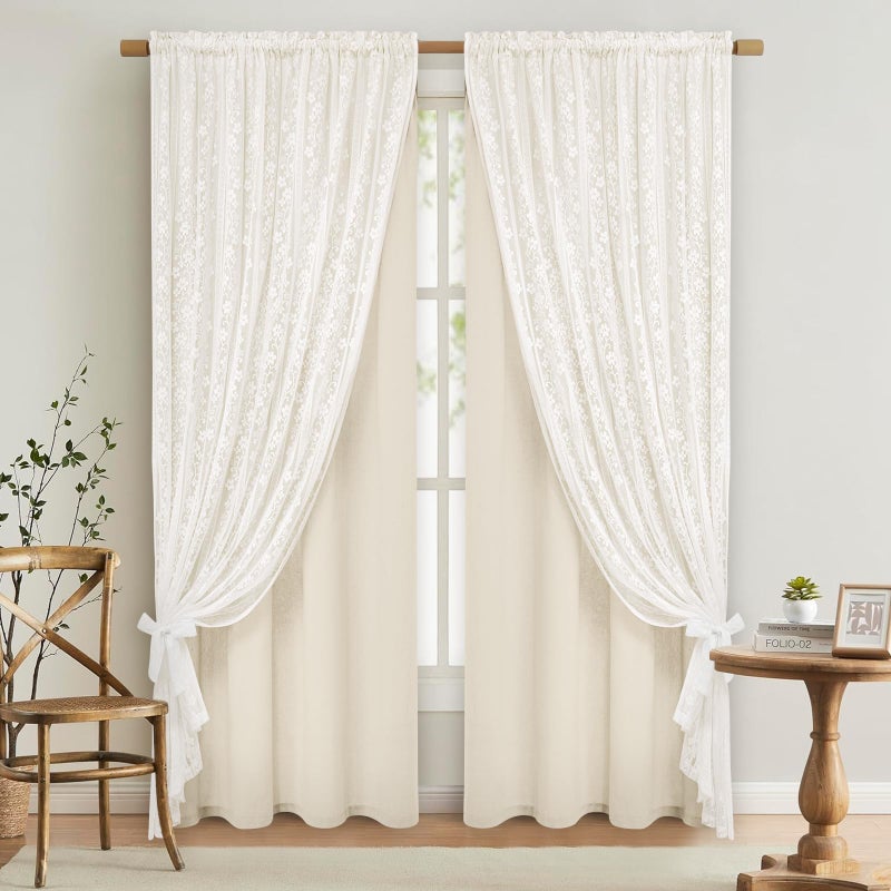 ASPMIZ Linen Curtains for Bedroom, Double Layered Boho Curtain for Living Room Farmhouse Curtain 84 Inch Length 2 Panels Set, Rustic Curtains & Drapes Rod Pocket with Tiebacks, 52 x 84 Inch, Beige - Image 1