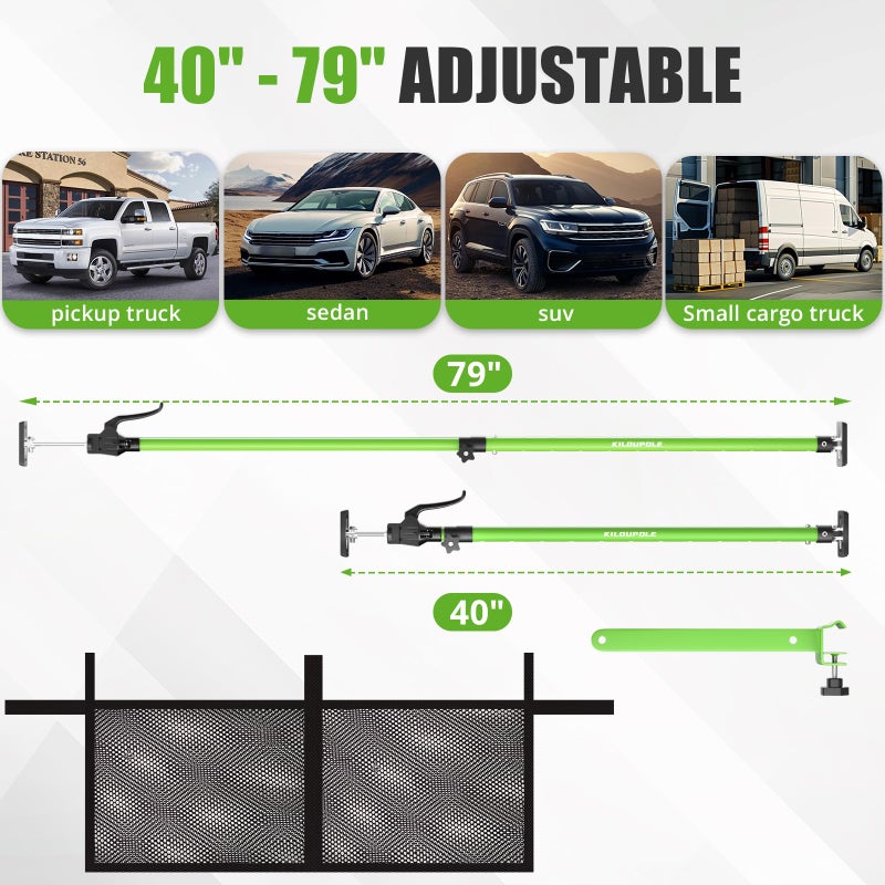 KILOUPOLE Adjustable Cargo Bars, 40" to 79" Non-Slip Truck Bed Divider, Cargo Bar for Pickup Truck Bed Cargo Bars for SUVs, Trailers, Vans, with Cargo Net Organizer and Divider Bar, 1-Pack - Image 3