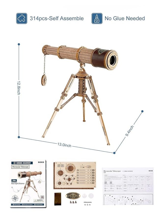 ROKR ROKR 3D Puzzles for Adults Wooden Telescope Building Model Kit with Tripod for Adults -3X Magnification Science Kit Gifts for Boy/Girls  - Image 2