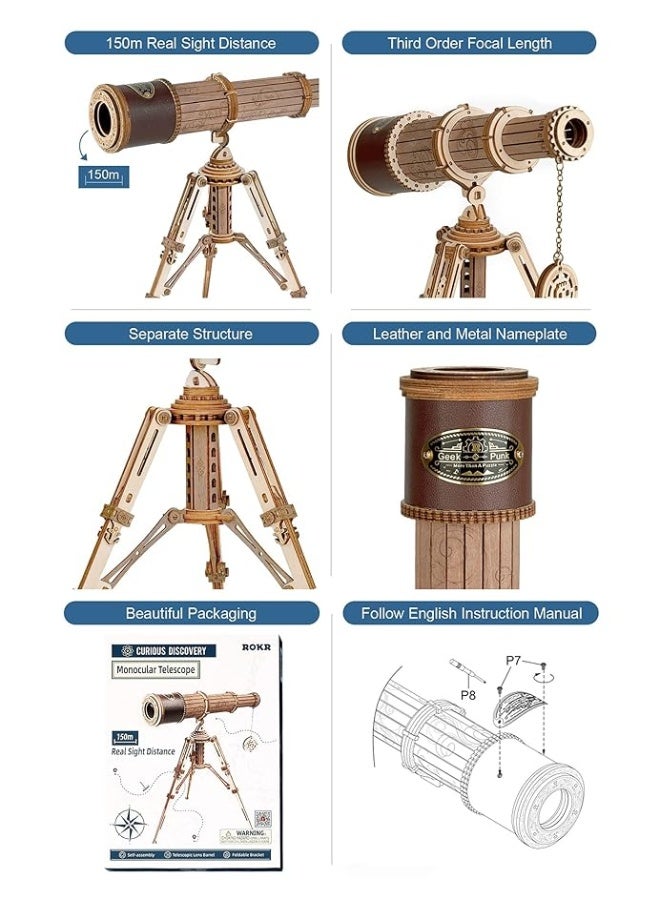 ROKR ROKR 3D Puzzles for Adults Wooden Telescope Building Model Kit with Tripod for Adults -3X Magnification Science Kit Gifts for Boy/Girls  - Image 5