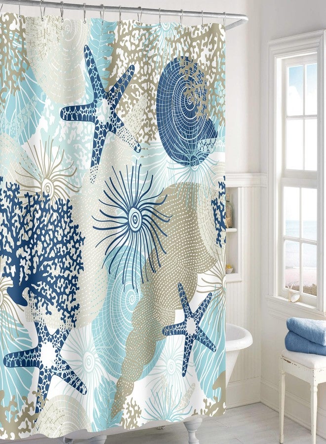 MAYZUS Beach Ocean Themed Shower Curtain, Cute Nautical Coastal Shower Curtain for Bathroom Decor, Summer Tropical Seashell Starfish Coral Fabric Shower Curtain Set with Hooks, Teal Blue, 72x72 - Image 2