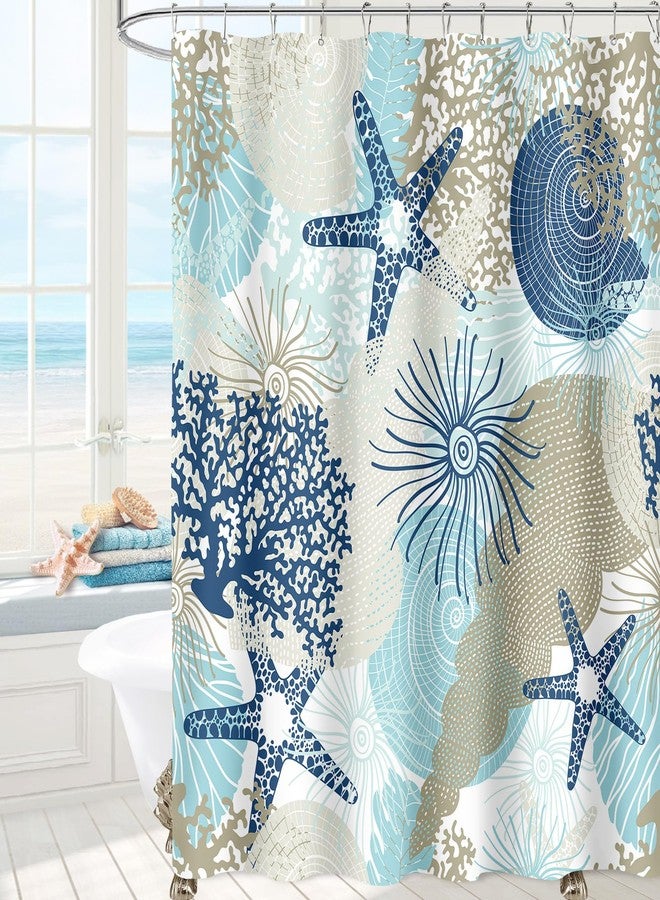 MAYZUS Beach Ocean Themed Shower Curtain, Cute Nautical Coastal Shower Curtain for Bathroom Decor, Summer Tropical Seashell Starfish Coral Fabric Shower Curtain Set with Hooks, Teal Blue, 72x72 - Image 1