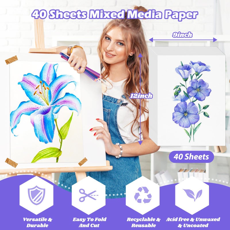 Donyang Mixed Media Paper 9" x 12", 40 Sheets (98lb/160gsm) Multipurpose Heavyweight Loose Drawing Art Paper for Sketching, Sketch Book, Gouache, Painting, Sketchbook, Drawing Pad Book, School - Image 2
