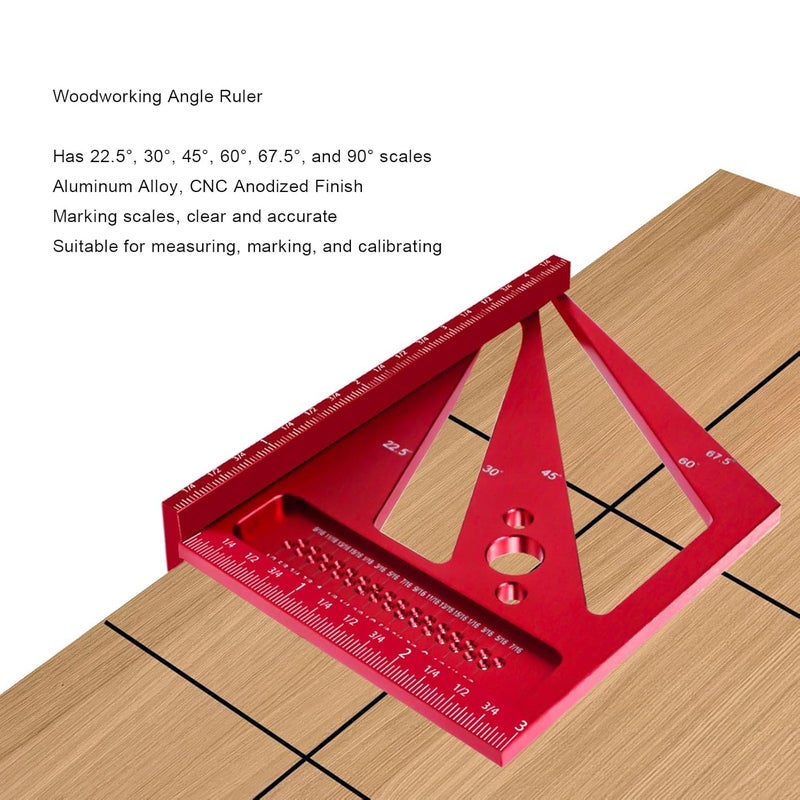 Red Aluminum Alloy Multi Angle Woodworking Ruler CNC Machined Layout Square 22 5 to 90 Degree Scales - Image 3