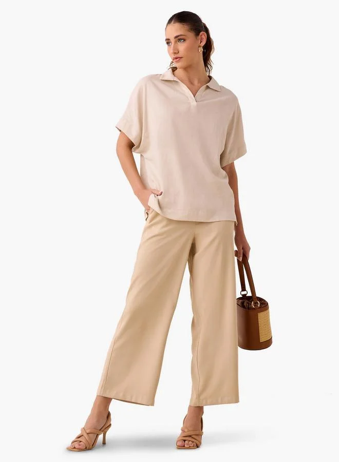 Splash FAV Regular Fit Linen Blend Collared Top with Extended Sleeves