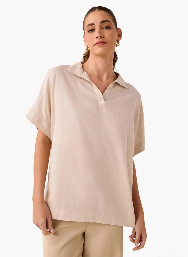 Splash FAV Regular Fit Linen Blend Collared Top with Extended Sleeves