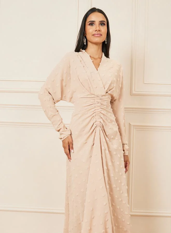 Styli Swiss Dobby Ruched Detail Midi Dress