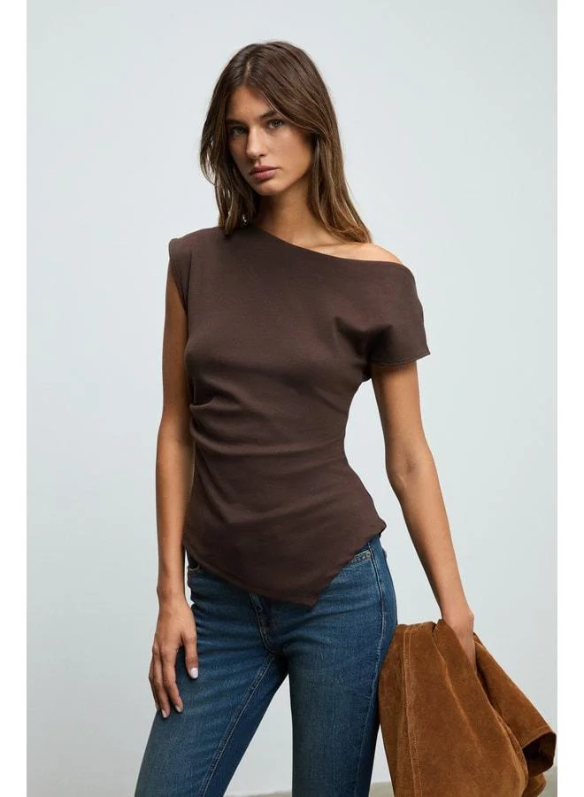 Grimelange Rehinga Women's 100% Cotton Waist-Fitting Asymmetric Neckline Regular Fit Short Sleeve Brown Blouse.