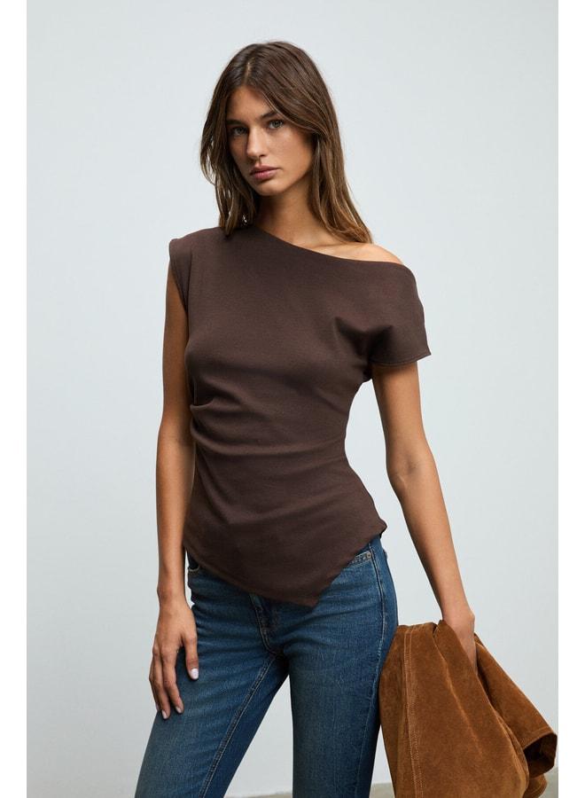 GRIMELANGE Rehinga Women's 100% Cotton Waist-Fitting Asymmetric Neckline Regular Fit Short Sleeve Brown Blouse. - Image 1