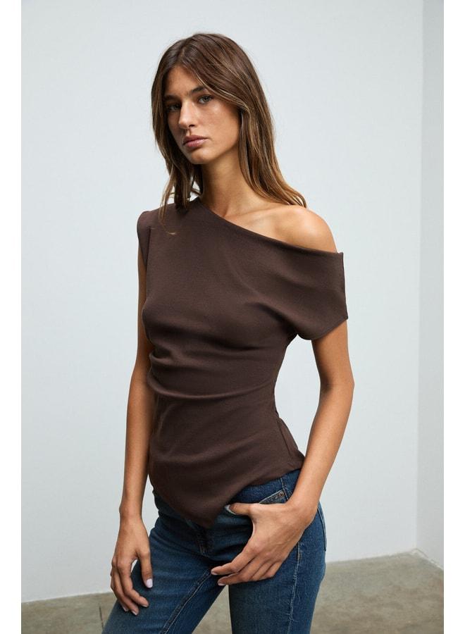 GRIMELANGE Rehinga Women's 100% Cotton Waist-Fitting Asymmetric Neckline Regular Fit Short Sleeve Brown Blouse. - Image 3