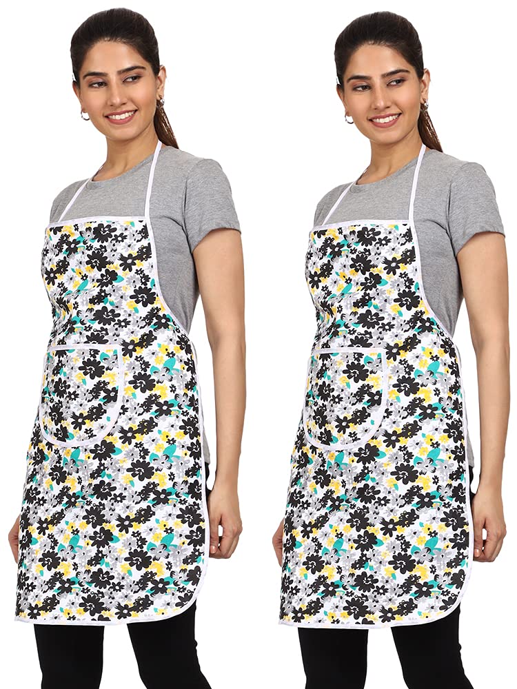 JMi Floral Print Cotton Fabric Waterproof Apron with Long Ties and Multipurpose Front Large Pocket For Cooking Dusting Home Kitchen Restaurant for Men & Women Unisex Apron. (Free Size, BLACK, 2) - Image 2