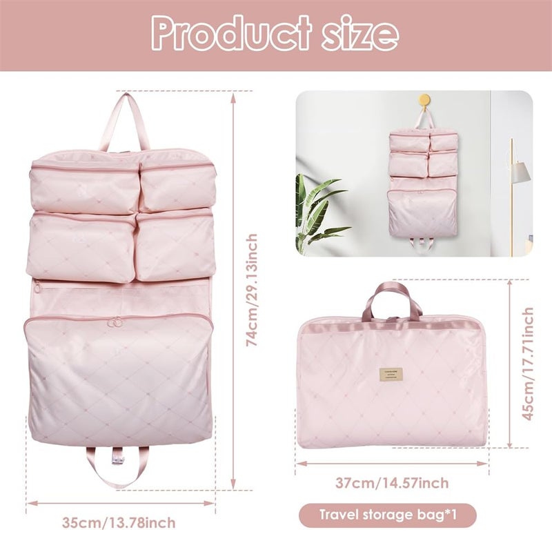 Hanging Travel Organizer Bag, Foldable Garment Storage with Multiple Compartments, Waterproof Oxford Luggage Organizer for Clothes, Makeup, Toiletries, Large Capacity (Pink) - Image 5